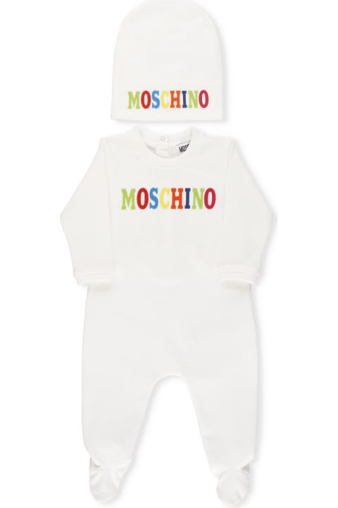 Moschino Baby Romper And Hat Set With Logo - Bianco