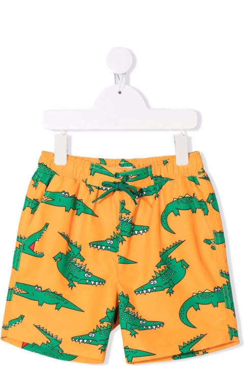 Orange Nylon Swim Shorts With Crocodile Print