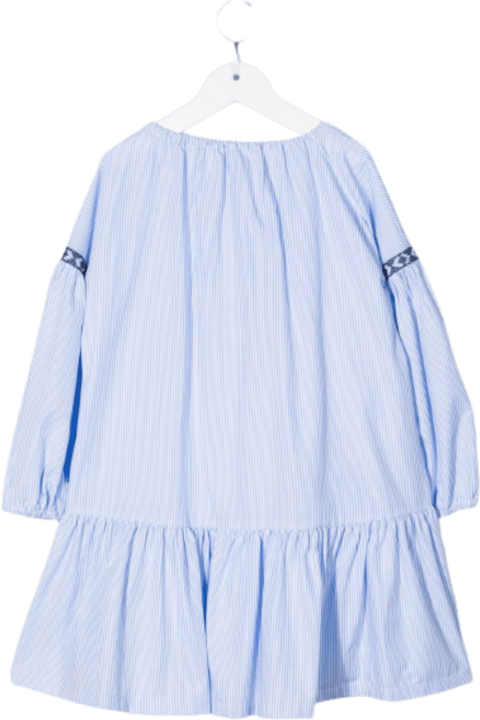 Il Gufo Striped Blue Cotton Dress With Ikat Inserts - Blu