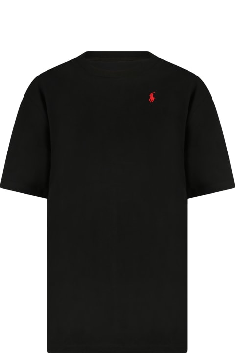 Ralph Lauren Black T-shirt For Kids With Blue Pony Logo - White