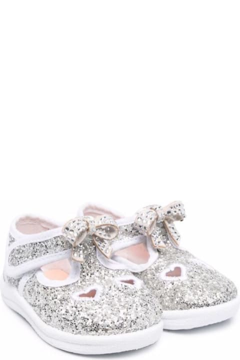 Silver Glitter Flat Shoes With Bow