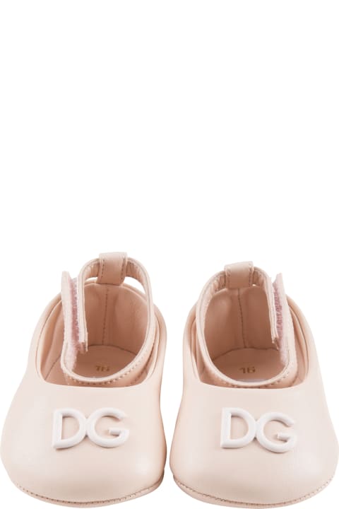 Dolce & Gabbana Pink Ballet Flats For Babygirl With Logo - Bianco