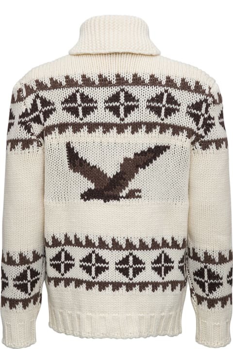 The Seafarer Ikat White And Brown Wool Cardigan - Blue