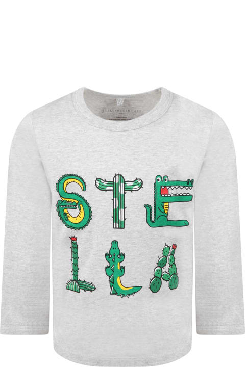 Stella McCartney Kids Gray T-shirt For Kids With Green Logo And Crocodiles - Multicolor