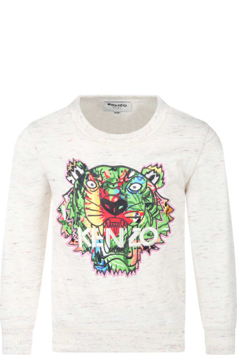 Ivory Sweatshirt For Girl With Multicolor Tiger