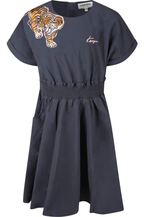 Kenzo Kids Grey Dress For Girl With Tiger - Blu