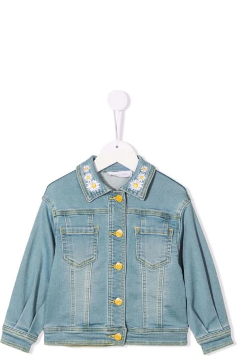 Monnalisa Denim Jacket With Floral Insert And Titty Print - White