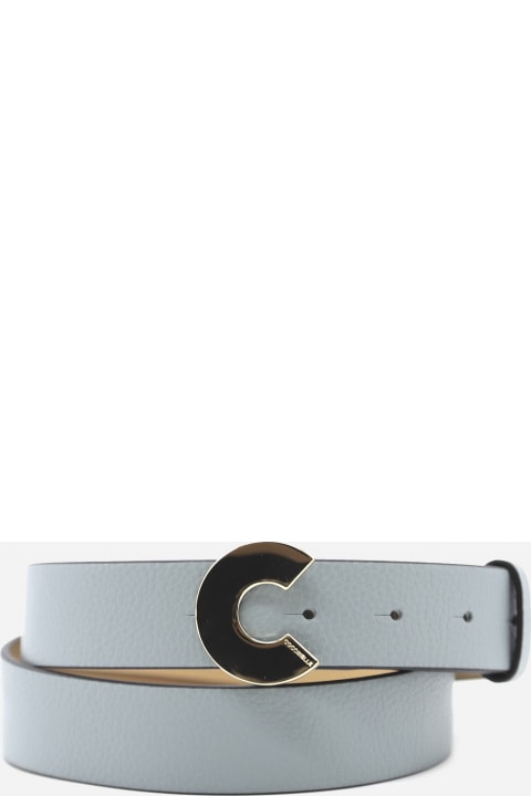 Grained Leather Belt With Logoed Buckle