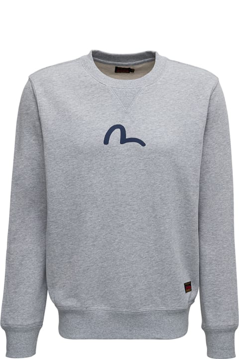 Evisu Grey Cotton Crew Neck Sweatshirt With Logo Print - White