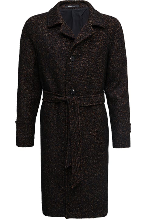 Tagliatore Brown Single Breasted Coat In Bouclet Wool With Belt - Black