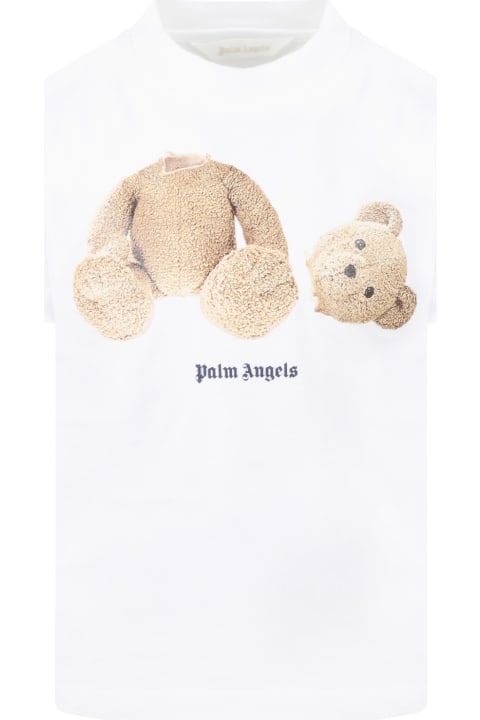 Palm Angels White T-shirt For Boy With Bear - Blue