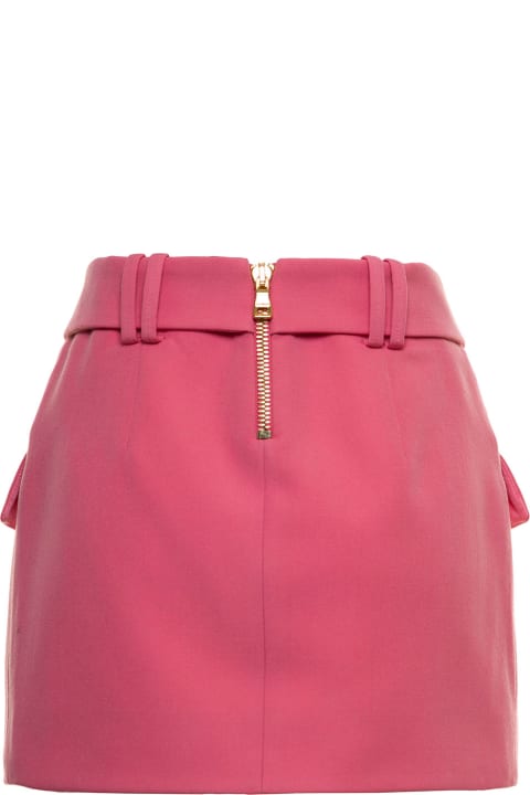 Balmain Pink Wool Skirt With B Belt - Cream