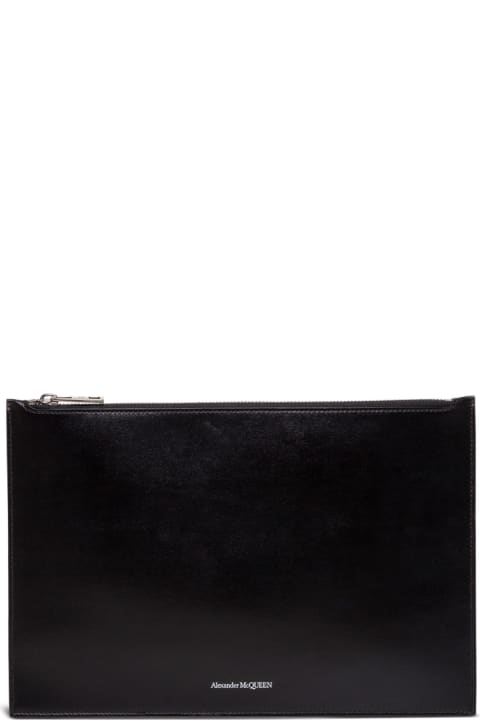 Alexander McQueen Black Leather Handbag With Logo - Silver