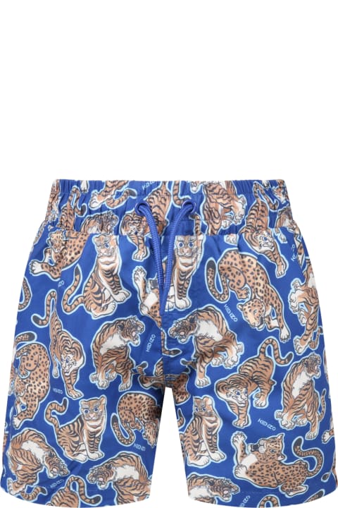 Kenzo Kids Blue Swimshort For Boy With Tigers - Multicolor