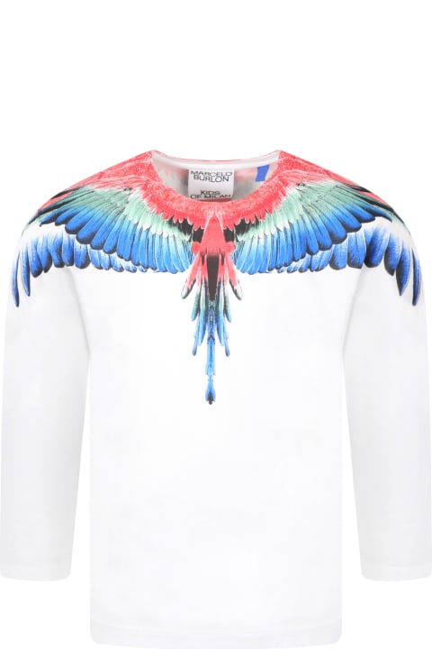Marcelo Burlon White T-shirt For Kids With Iconic Wings - Nero e Arancione
