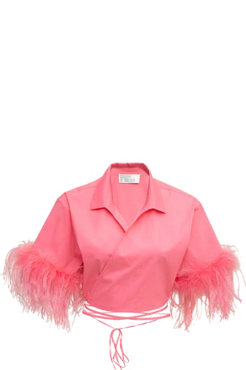 Pink Cropped Poplin Shirt With Feathers