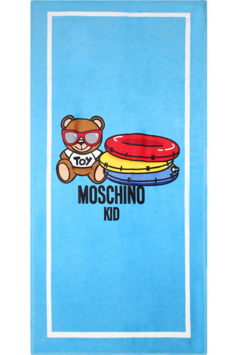 Moschino Light Blue Beach Towel For Boy With Teddy Bear - Panna