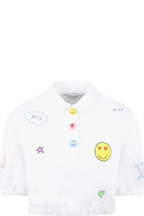 Philosophy di Lorenzo Serafini Kids White Polo For Girl With  Designs Embroidered - Bianco