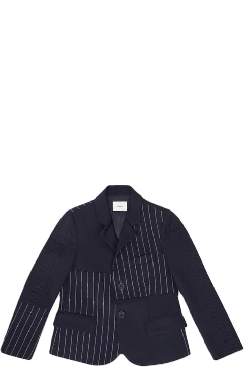 Fendi Navy Blue Wool Blazer Jacket With Logo - Black