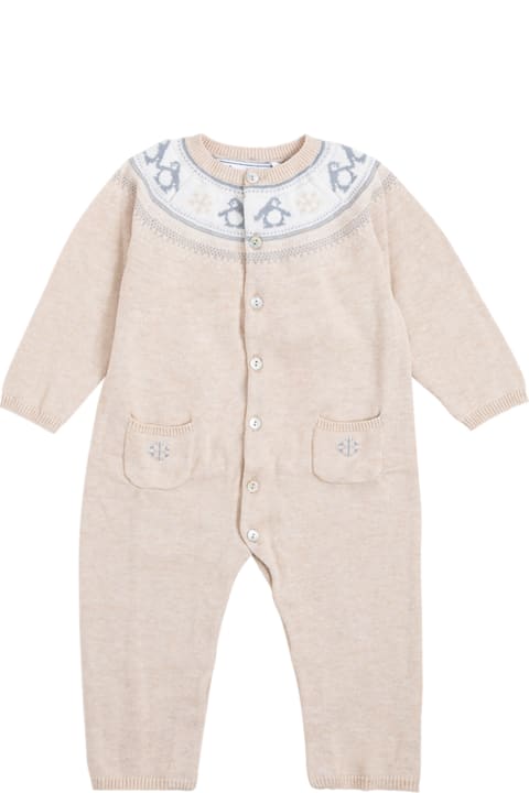 Beige Wool And Cotton Onesie With Winter Print