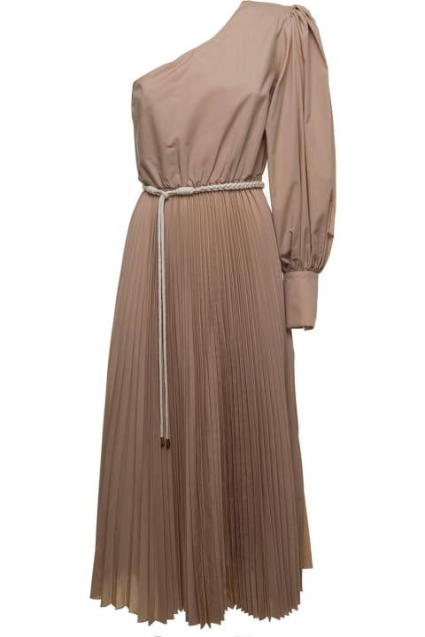 One Shoulder Beige Cotton Long Dress Black With Belt
