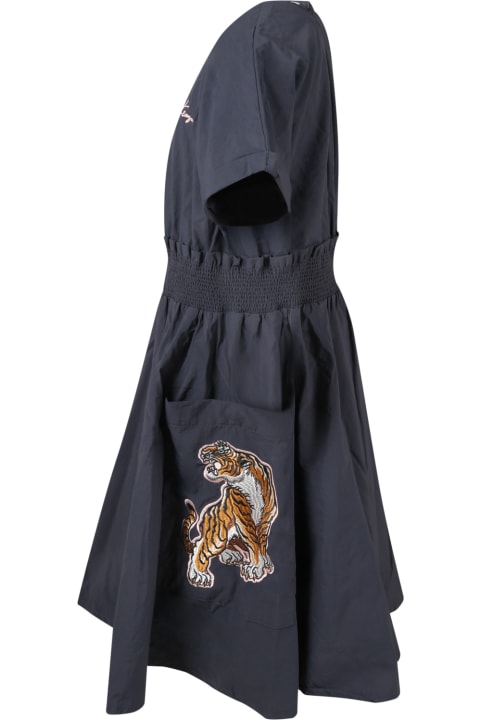 Kenzo Kids Grey Dress For Girl With Tiger - Blu