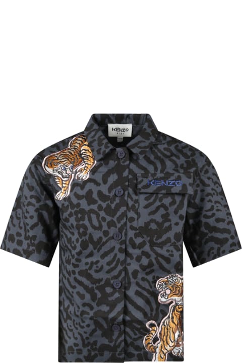 Kenzo Kids Grey Shirt For Boy With Tigers - Blu