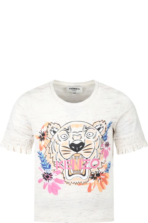Kenzo Kids Ivory T-shirt For Girl With Flowers - Verde