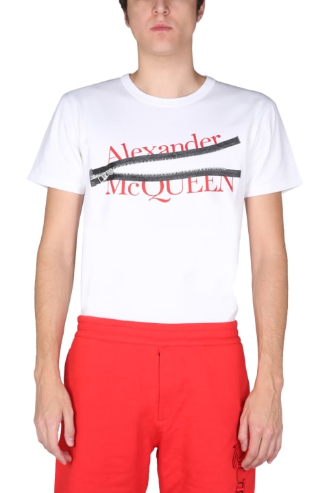 Alexander McQueen Zip T-shirt With Logo Print - Military