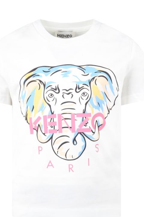 Kenzo Kids White T-shirt For Girl With Elephant - Grigio