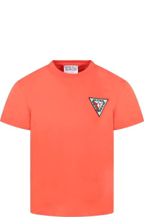 Marcelo Burlon Red T-shirt For Kids With Patch Logo - Nero e Arancione