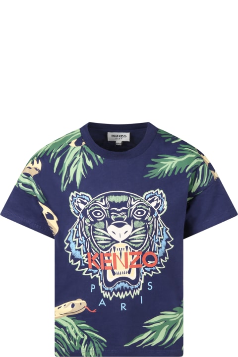 Kenzo Kids Blue T-shirt For Boy With Snakes - Multicolor