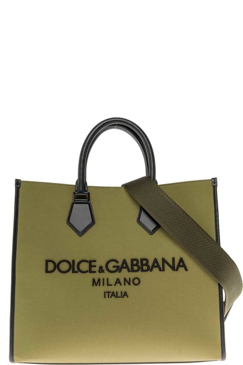 Green Fabric Shopper Bag With Logo Print