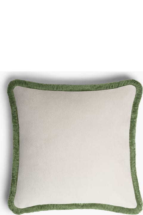 Lo Decor Happy Pillow Dirty White Velvet  Olive Green Fringes - green / white