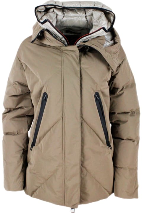 Down Jacket In Real Goose Down With Chevron Pattern With Diamond Quilting, With Double Hood With The Internal One With Detachable Front