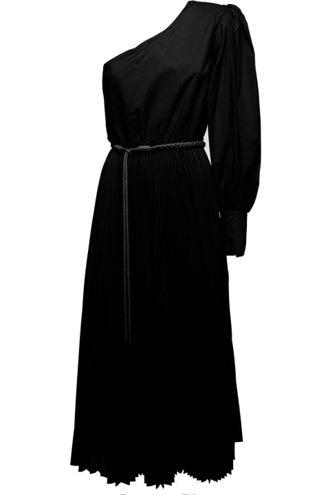 One Shoulder Black Cotton  Long Dress Black With Belt