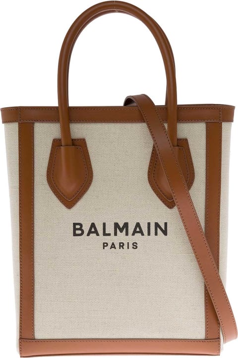 Balmain Canvas And Leather Handbag With Logo - Cream
