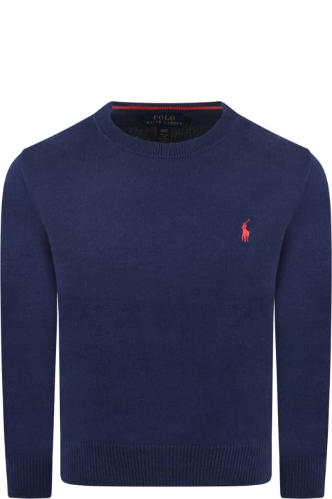 Ralph Lauren Blue Sweater For Boy With Pony Logo - White