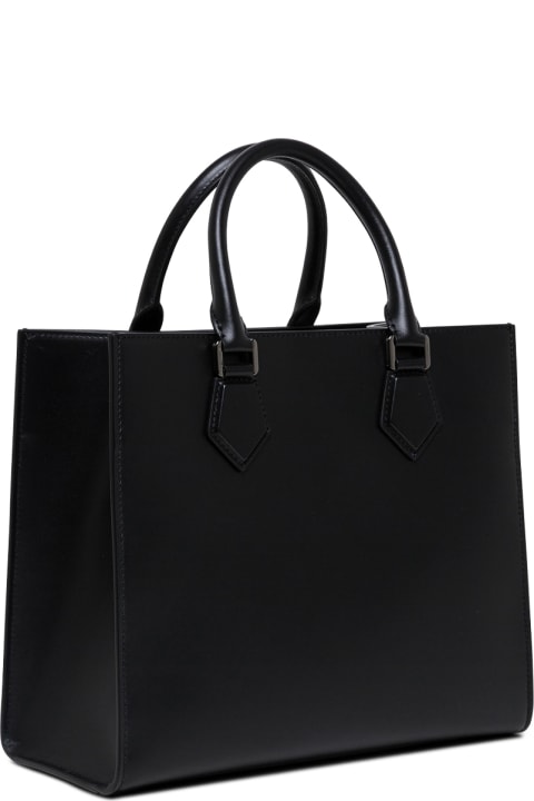 Black Leather Tote Handbag With Logo