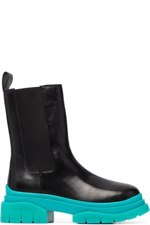 Black Leather Boots With Light Blue Chunky Sole