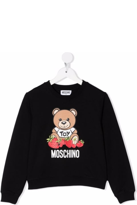 Black Cotton Sweatshirt With Teddy Bear Print