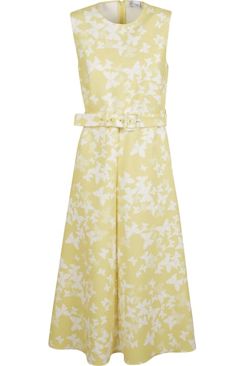 RED Valentino Butterfly Print Sleeveless Belted Dress - Latte