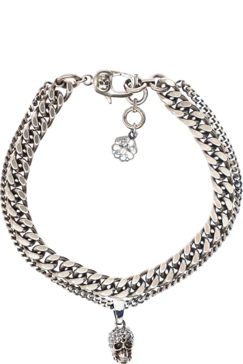 Alexander Mcqueen Man's Pavé Skull Chain Silver Brass Bracelet