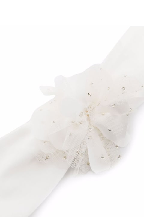 Monnalisa White Cotton Headband With Tulle Bow - Panna