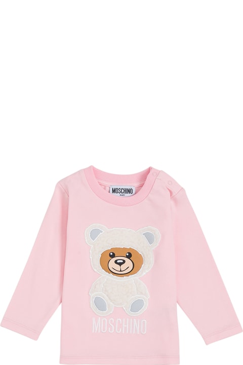 Moschino Long-sleeved Pink Cotton T-shirt With Teddy Bear Print - Bianco