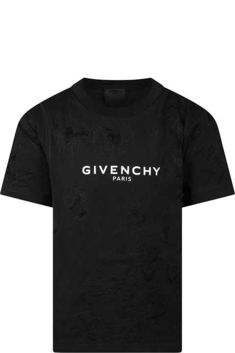 Givenchy Black T-shirt For Kids With Fake Rips And White Logo - Bianco