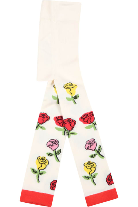 Mini Rodini Ivory Tights For Baby Girl With Roses - Brown