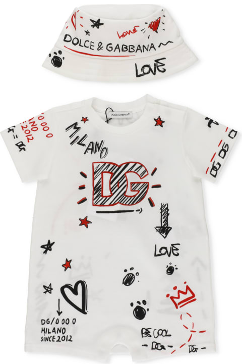 Dolce & Gabbana Baby Romper And Hat Set With Graffiti Print - Stampa