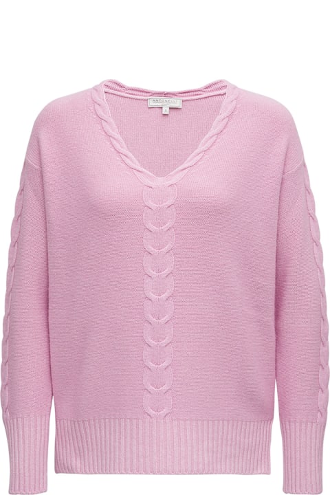Pink Wool Blend Sweater With Braided Front Detail