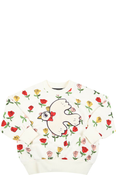 Mini Rodini Ivory Sweatshirt For Baby Girl With Roses - Ivory
